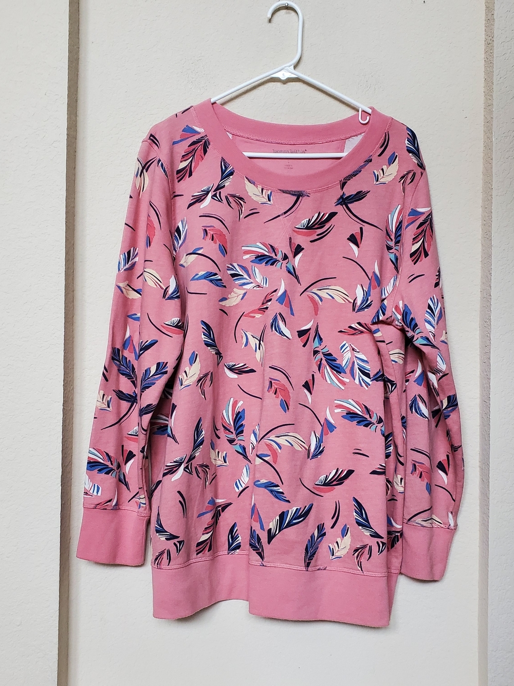 Woman Within Pink Floral-Feather Crewneck Frenxh Terry Sweatshirt.  Size 18/20